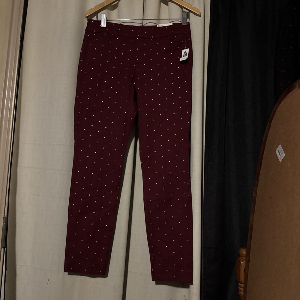 Old Navy Pixie Ankle Pants Womens Burgundy Gold Metallic Polka Dot Maroon Size 4